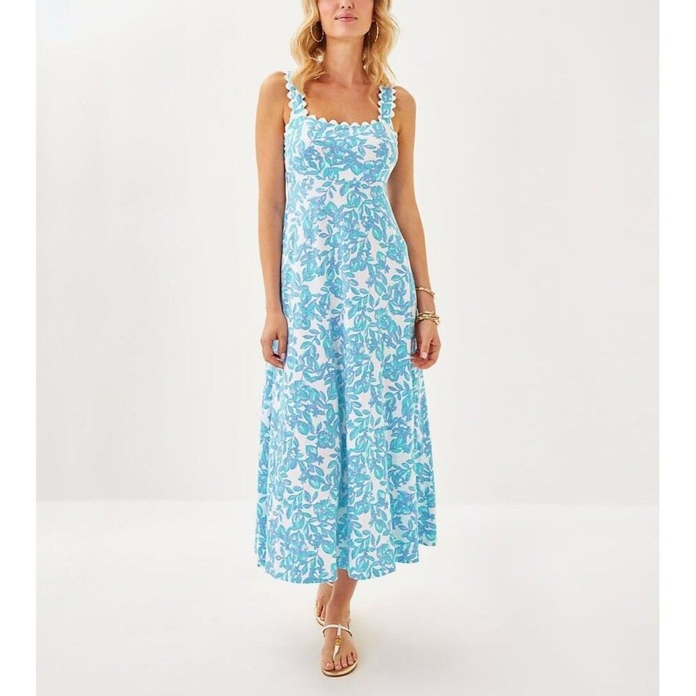 Lilly Pulitzer Dwyer Floral Printed Resort Midi Dress Smocked Cotton XS 287901